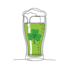 Line art illustration of frothy green beer in a tall glass, featuring a shamrock detail. This festive green beer design symbolizes St. Patrick's Day and Irish culture.