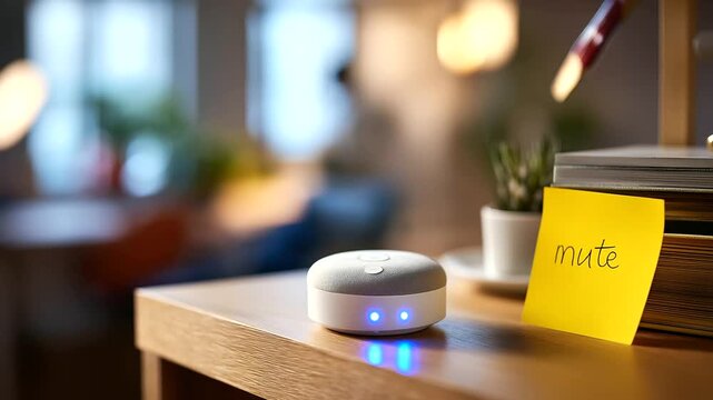 Close up of a smart speaker on a shelf with a sticky note &ldquo;mute&rdquo; but blurred unreadable background defocused privacy habit smart speaker mute home privacy cyber hygiene
