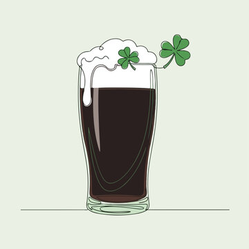 Dark beer in a pint glass, creamy foam, shamrock garnish, perfect for St. Patrick's Day. This continuous line art effectively captures a joyful St. Patrick's Day essence. Ideal for St.