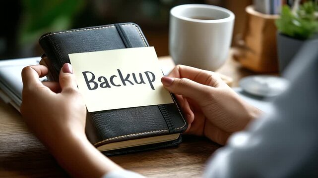 Cyber hygiene everyday password manager &ldquo;backup&rdquo; written on a small paper note kept inside a closed notebook no readable password hands only privacy routine password