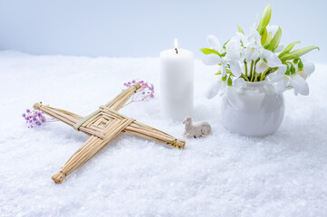 Wiccan altar for Imbolc sabbath, pagan holiday ritual. symbol of Imbolc holiday, spring equinox.