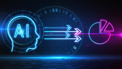 AI-powered data analysis, represented by a neon symbol, illustrating the process of data processing and interpretation 