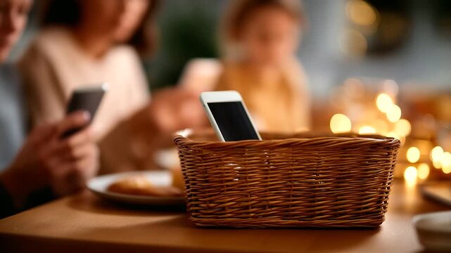 Family living room everyone&rsquo;s faces out of frame basket collecting phones during dinner warm light no readable text digital detox dinner family time device basket tech