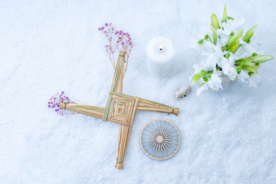 Wiccan altar for Imbolc sabbath, pagan holiday ritual. symbol of Imbolc holiday, spring equinox.