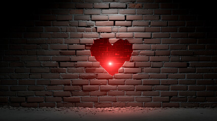 Dark brick wall with a lit hole in the shape of a red heart, concept of hope, love breaking barriers or vulnerability