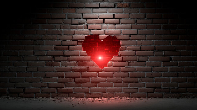 Dark brick wall with a lit hole in the shape of a red heart, concept of hope, love breaking barriers or vulnerability