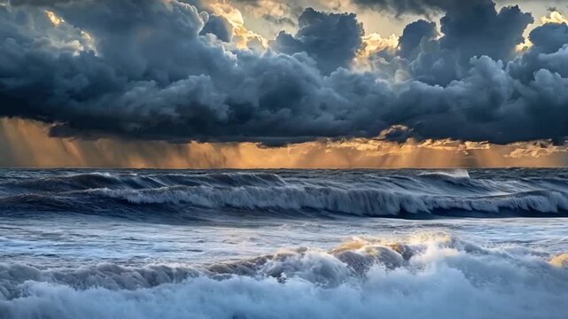 Dramatic ocean storm with dark turbulent clouds contrasting with brief sunlit rain shafts above waves