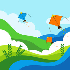 Obraz premium Colorful kites soaring in a blue sky over rolling green hills and clouds. Represents the festive spirit of Makara Sankranti, ideal for celebrations and cultural activities.