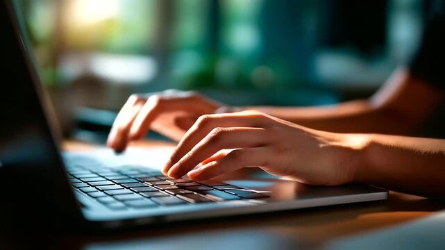Close up of hands placing laptop webcam cover sticker over the camera soft window light shallow depth of field faceless no logos no readable text cybersecurity habit webcam