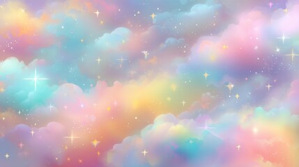 Fototapeta premium Dreamy pastel cloudscape with sparkling stars and soft rainbow hues.
