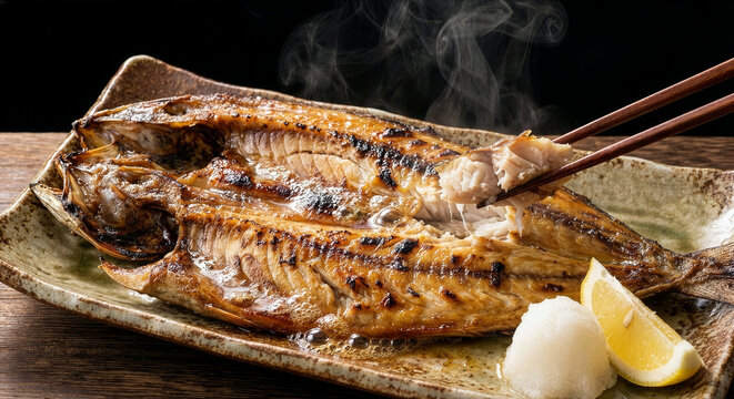 湯気が立ち上る焼きたてのホッケの開き、和食の食卓風景