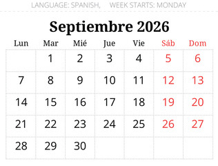 September 2026 Spanish calendar month planner - Septiembre. Monthly vector illustration Spain