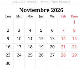 November 2026 Spanish calendar month planner - Noviembre. Monthly vector illustration Spain