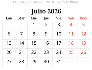July 2026 Spanish calendar month planner - Julio. Monthly vector illustration Spain