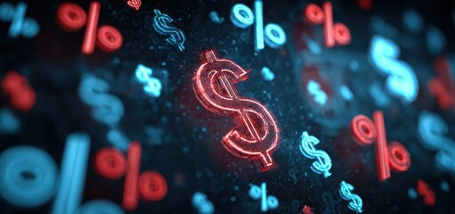 Futuristic 3D render showing illuminated dollar symbols and percentage signs in neon red and blue colors, representing income, interest rates, finance, and economic growth.