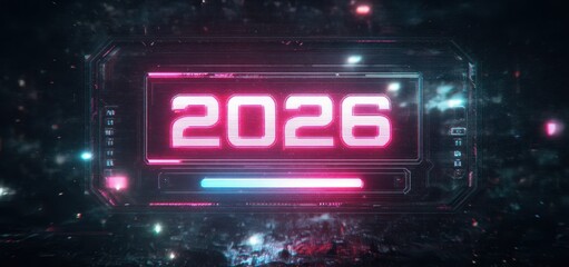 Cyberpunk-style illustration featuring the year 2026 displayed on a glowing digital interface with pink and blue neon effects, glitch textures, and a high-tech HUD design.