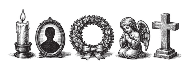 Black and white sketch of funeral memorial symbols including a lit candle, photo frame, laurel wreath, angel statue, and cross, ideal for themes of grief, remembrance, and loss.