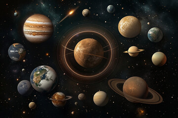 Representation of space-time distortion illustrating the complexity of celestial movements and the vastness of the universe around different planets