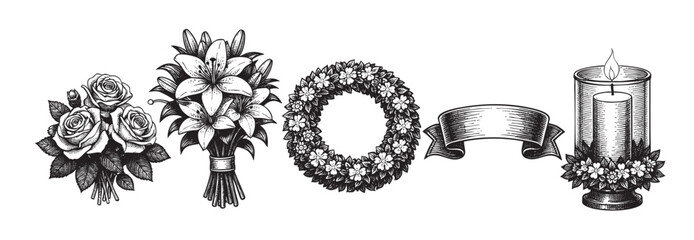 A detailed black and white engraving illustration featuring funeral arrangements including roses, lilies, a wreath, a ribbon, and a candle, suitable for memorial services or sympathy cards.