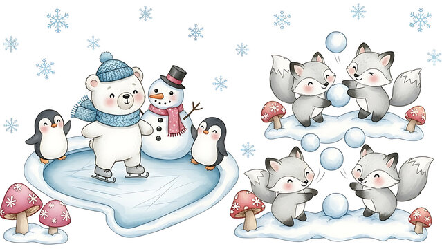Cute animals playing in winter scene isolated on a transparent background