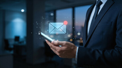 Business professional uses smartphone to manage digital communications in an office with advanced technology at dusk