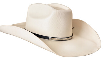 Cowboy-style straw hat with black ribbon isolated on a white background; straw hat for head protection for both men and women.