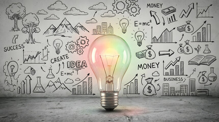 Bright multicolored light bulb shines on a concrete wall filled with hand drawn business success and innovation doodles showcasing creative ideas