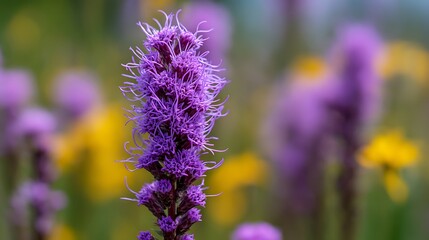 Obraz premium Close-up of a vibrant purple flower with soft, blurred yellows and greens in the background