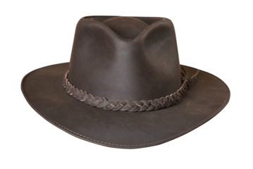 Cowboy-style leather hat with black ribbon isolated on a white background; natural leather hat for head protection for both men and women.