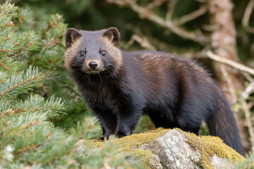 Sable standing on a mossy rock in a lush green forest during the daytime