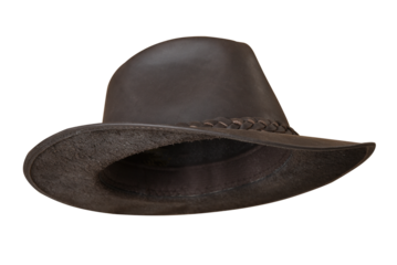 Cowboy-style leather hat with black ribbon isolated on a white background; natural leather hat for head protection for both men and women.