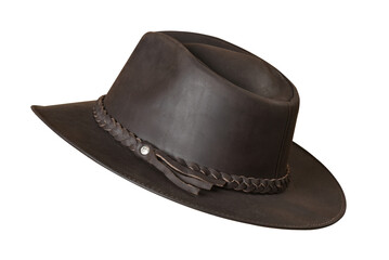 Cowboy-style leather hat with black ribbon isolated on a white background; natural leather hat for head protection for both men and women.