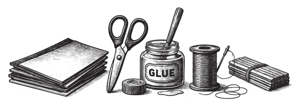 A vintage black and white illustration features essential craft supplies including a stack of paper, scissors, a jar of glue, a spool of thread, and a bundle of sticks, perfect for DIY projects.