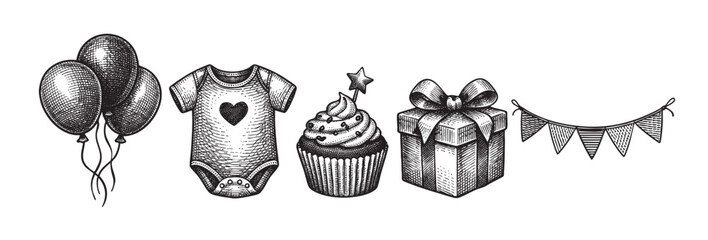 A charming vintage-style black and white illustration features a collection of baby shower elements including balloons, a onesie, a cupcake, a gift box, and bunting flags against a white background.