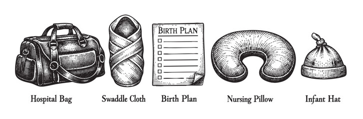A black and white illustration depicts essential items for new mothers, including a hospital bag, swaddle cloth, birth plan document, nursing pillow, and infant hat, ready for childbirth.