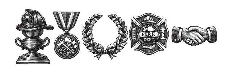 Black and white illustration featuring a firefighter helmet trophy, a medal, a laurel wreath, a Maltese cross badge, and a handshake, symbolizing achievement and service.