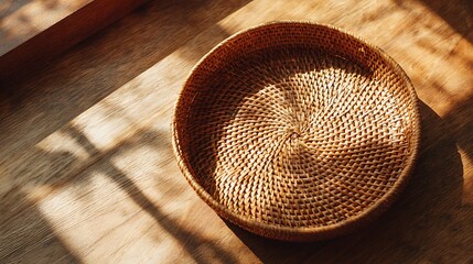 Close-up of a woven basket on a wooden surface, illuminated by sunlight