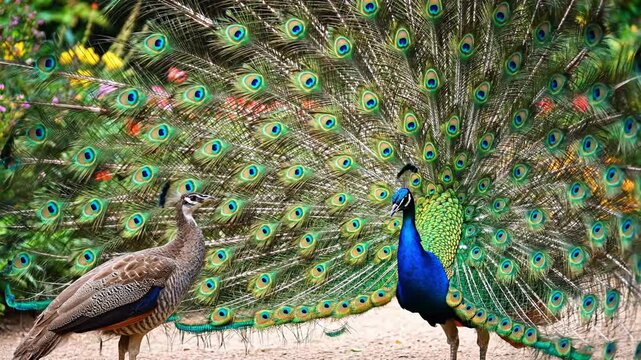 A male peacock displaying iridescent tail feathers with a peahen