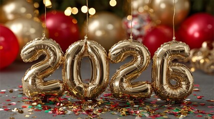 Shiny red 2026 foil balloons floating among gold balloons and confetti, perfect New Year party banner.