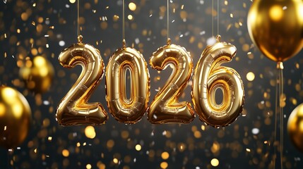 Shiny red 2026 foil balloons floating among gold balloons and confetti, perfect New Year party banner.