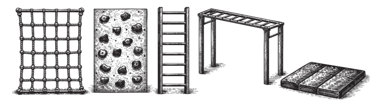This detailed line art illustration features a collection of playground climbing equipment, including a rope net, climbing wall, ladder, monkey bars, and a mat.