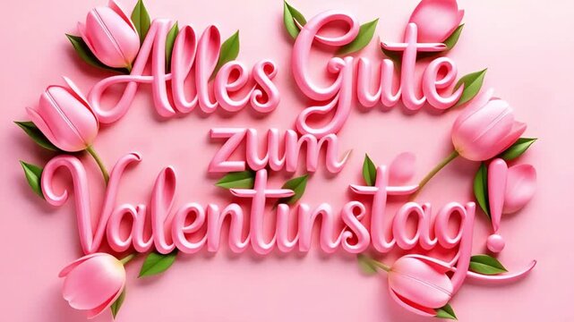 pink tulips on a pink background then alles gute zum valentinstag german text appearing in a 3d volume style