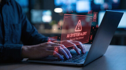 Hands interact with laptop while AI system alerts of security risk in modern office environment