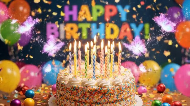 hands placing a colorful birthday cake with lit candles against balloons and greeting text