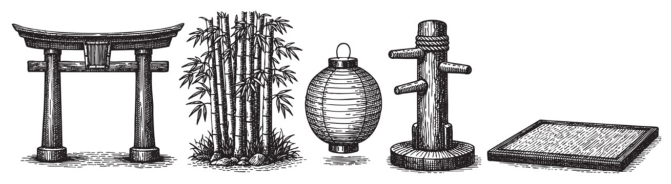 A black and white woodcut illustration showcases traditional Japanese cultural elements including a torii gate, bamboo stalks, a paper lantern, and a wing chun training dummy.