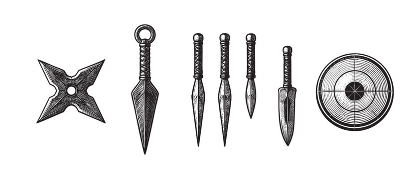 A detailed hand-drawn sketch on white background features a shuriken, two kunai knives, three arrows, and a target, evoking a sense of combat and precision.