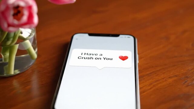 smartphone on wooden table with pink tulips showing love heart animation and i have a crush on you message