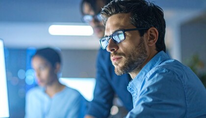 A focused group of professionals working together on a project. The man in the foreground is wearing glasses and looking at a computer screen.