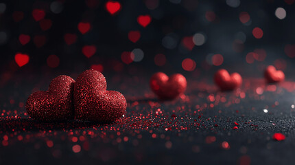 Valentine&rsquo;s Day Background with Red Glitter Hearts on Dark Surface, Romantic Holiday Concept, Love Symbol, Abstract Bokeh Lights, Elegant Minimal Design for Greeting Cards 