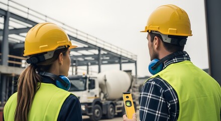Construction Workers Inspecting Work Site with Cement Truck in Background